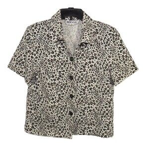 Vintage Briggs Leopard Print Woven Button Up Short Sleeve Boxy Top Sz Medium